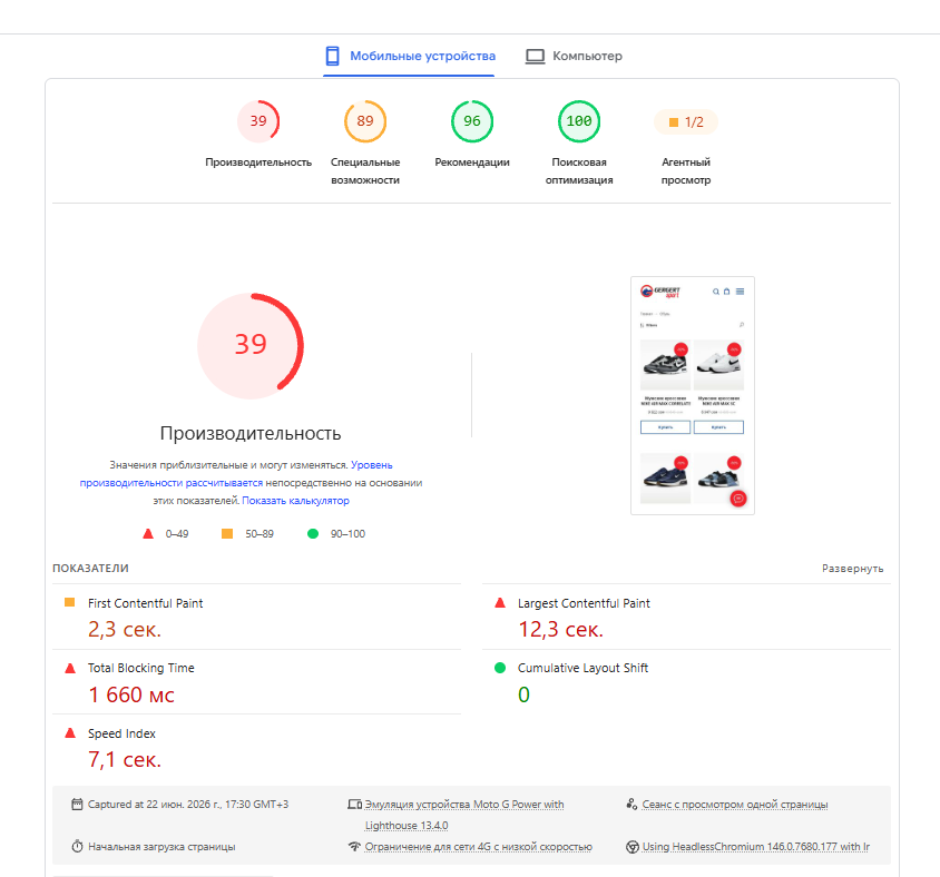 Низкая скорость загрузки мобильной версии Статистика по PageSpeed