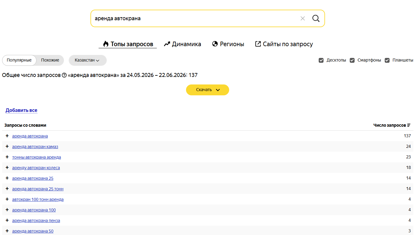 Интерфейс wordstat