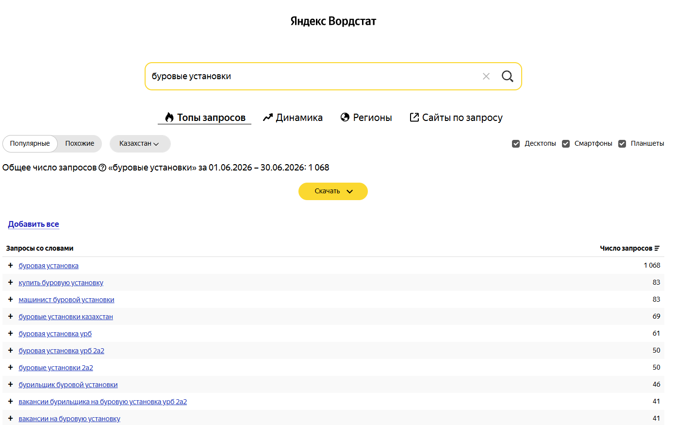 Интерфейс Wordstat